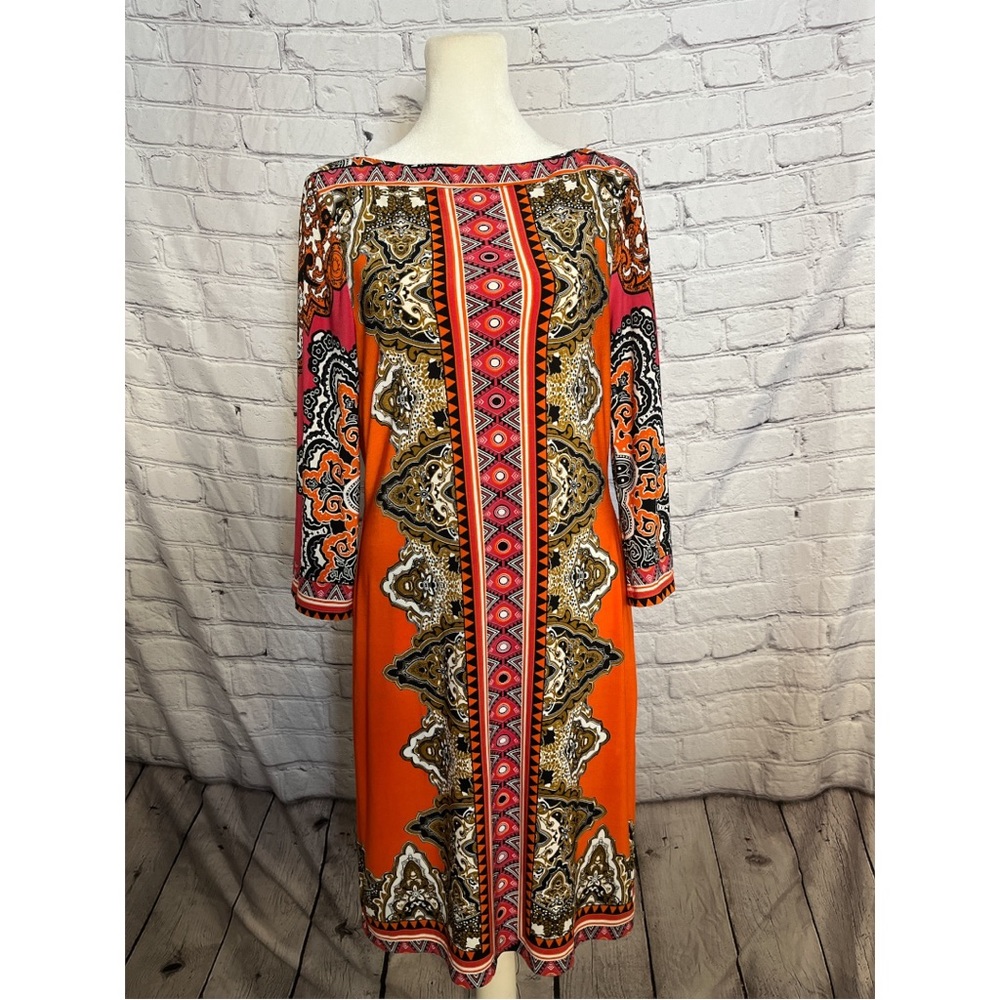 Ice  orange and fuchsia pink tribal print midi length sheath dress size 6